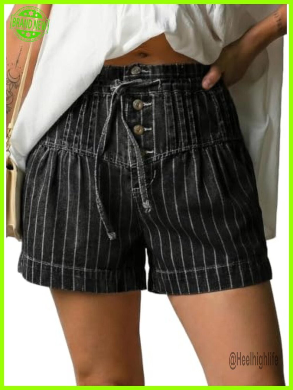 High Waisted Striped Denim Shorts Paperbag Waist Button Front Casual